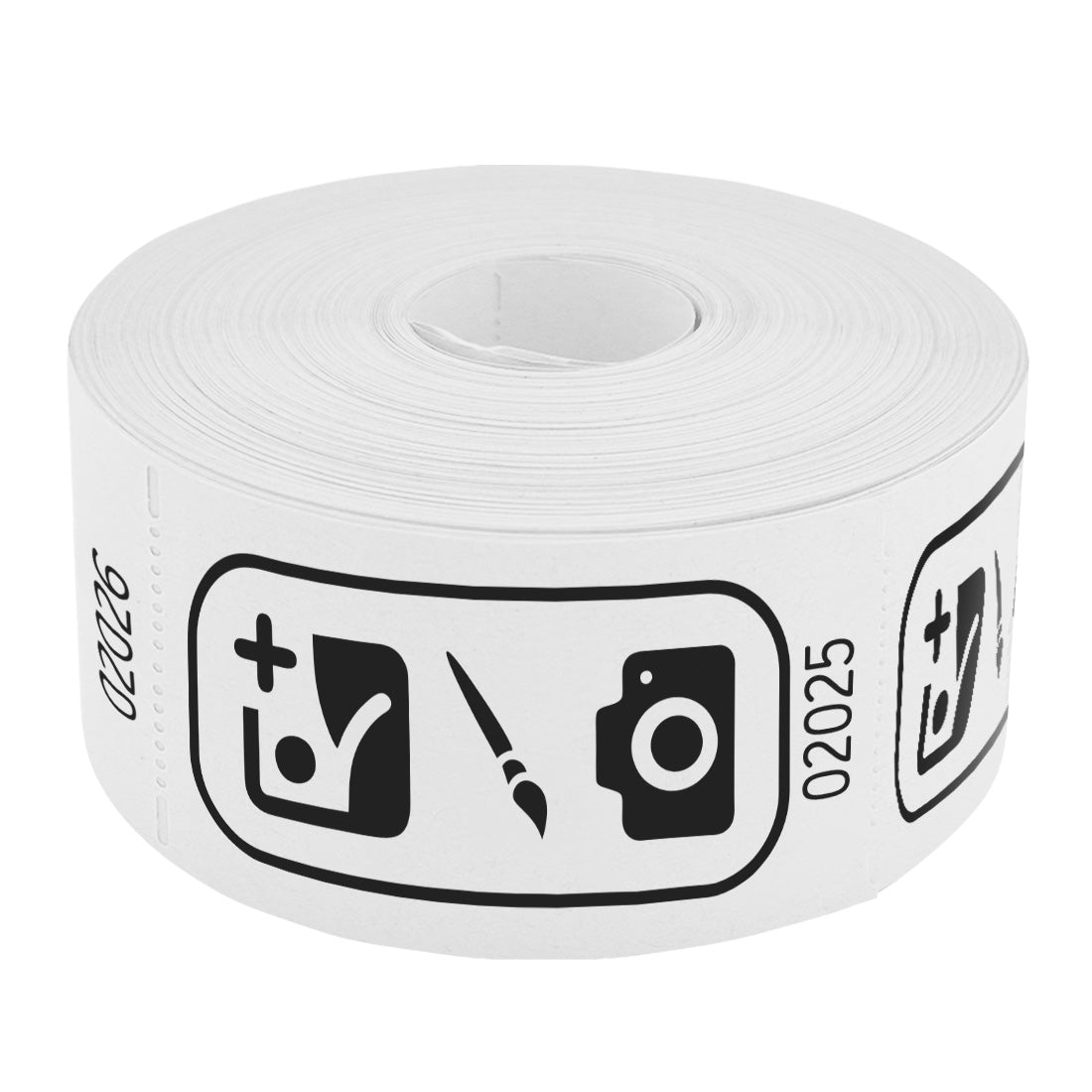 Roll of custom printed tickets, 114x60mm size, white paper with black ink, flat view.
