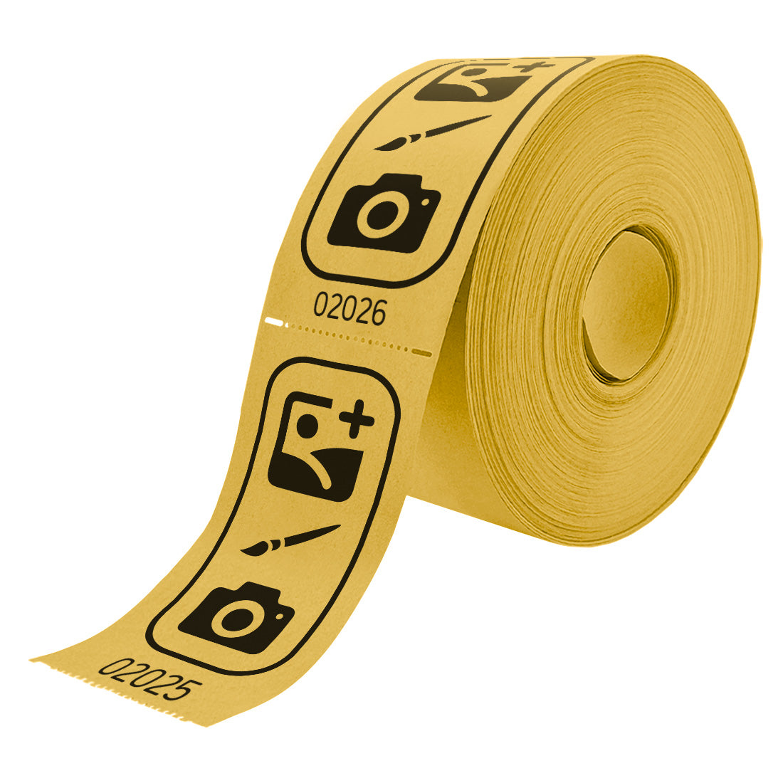 Roll of custom printed tickets, 114x60mm size, yellow paper with black ink, side view.