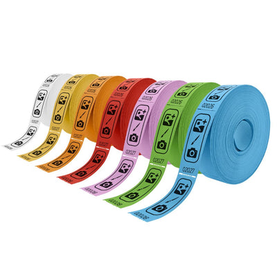 Ticket Rolls In Seven Different Paper Colours with Custom Printing 85x30mm