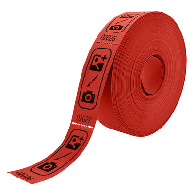 Roll of custom printed tickets, 85x30mm size, red paper with black ink, side view.