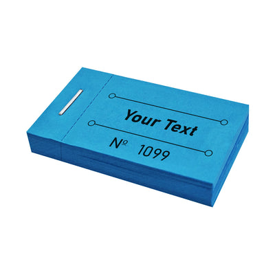 Custom Printed Ticket Books Blue With Your Text and Sequential Numbering Front Side View