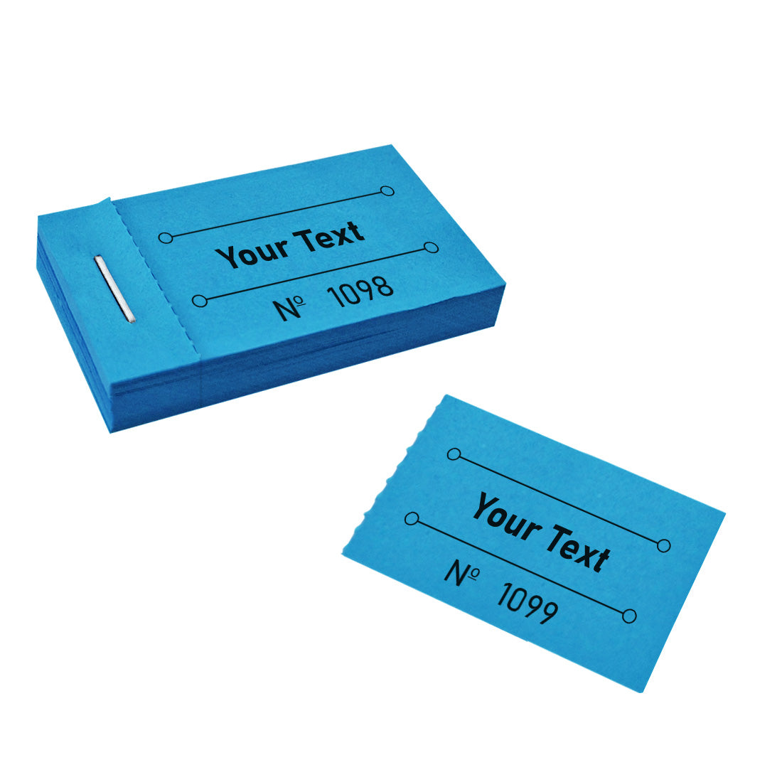 Front View Of A Blue Ticket Booklet That Is Custom Printed With Text And Sequential Numbering. One Ticket Has Been Torn Off.