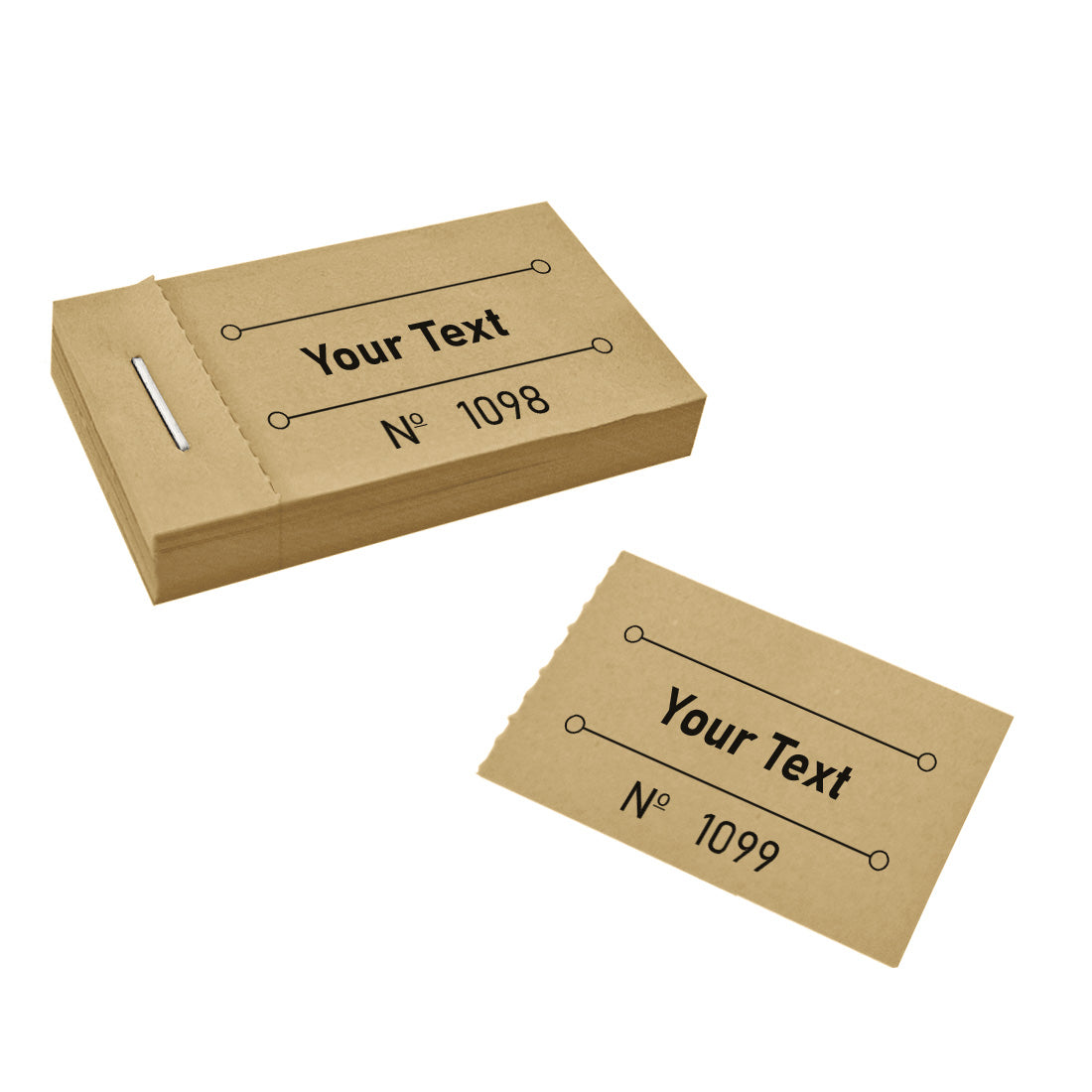 Front View Of A Caramel Paper Colour Ticket Booklet That Is Custom Printed With Text And Sequential Numbering. One Ticket Has Been Torn Off.