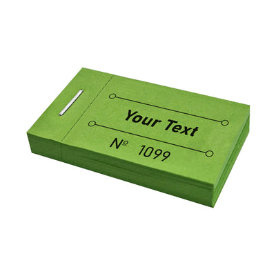 Custom Printed Ticket Books Green With Your Text and Sequential Numbering Front Side View