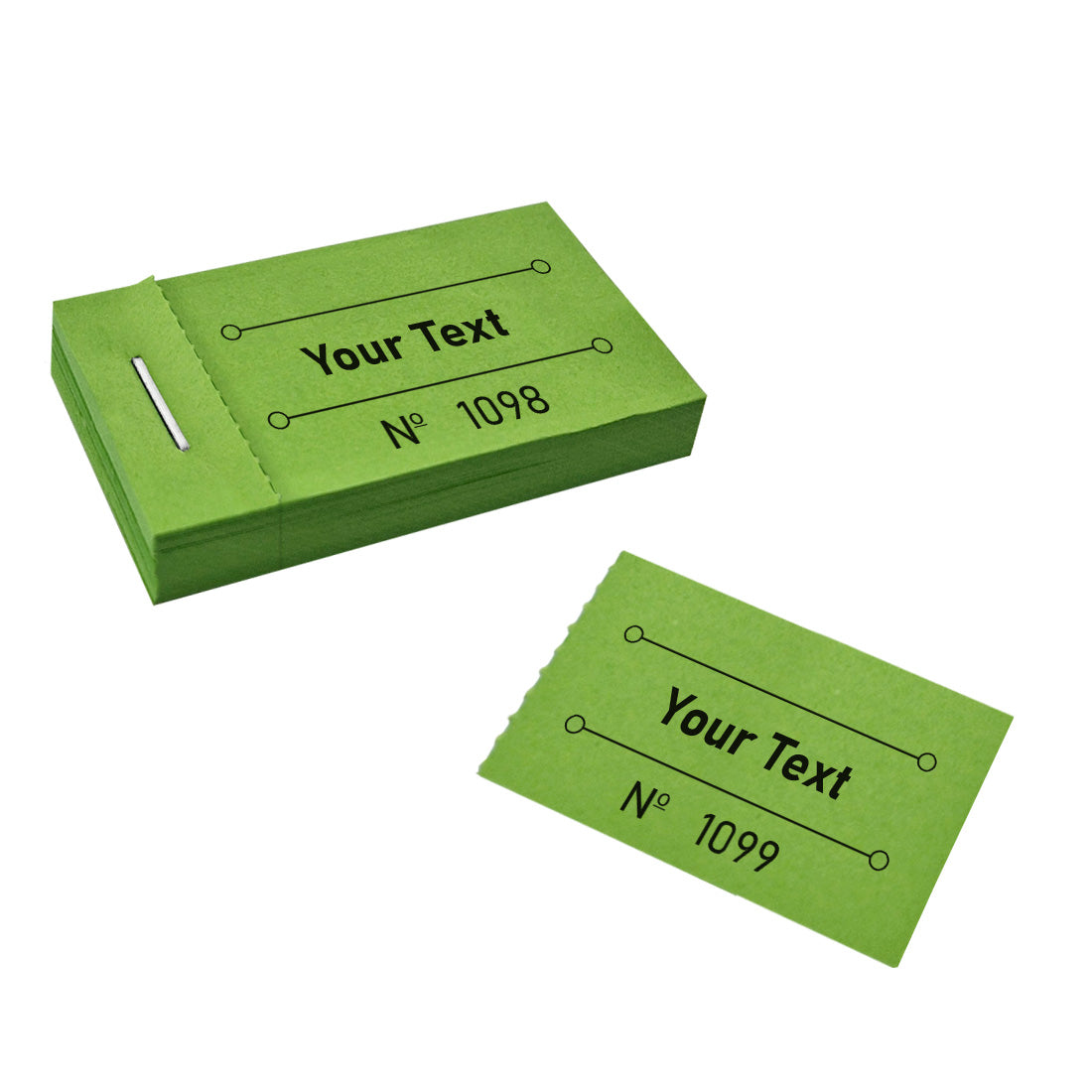 Front View Of A Green Ticket Booklet That Is Custom Printed With Text And Sequential Numbering. One Ticket Has Been Torn Off.