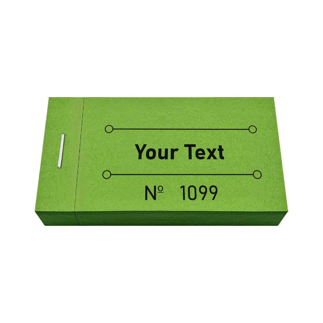 Custom Printed Ticket Booklet With Your Text and Sequential Numbering Green Front View