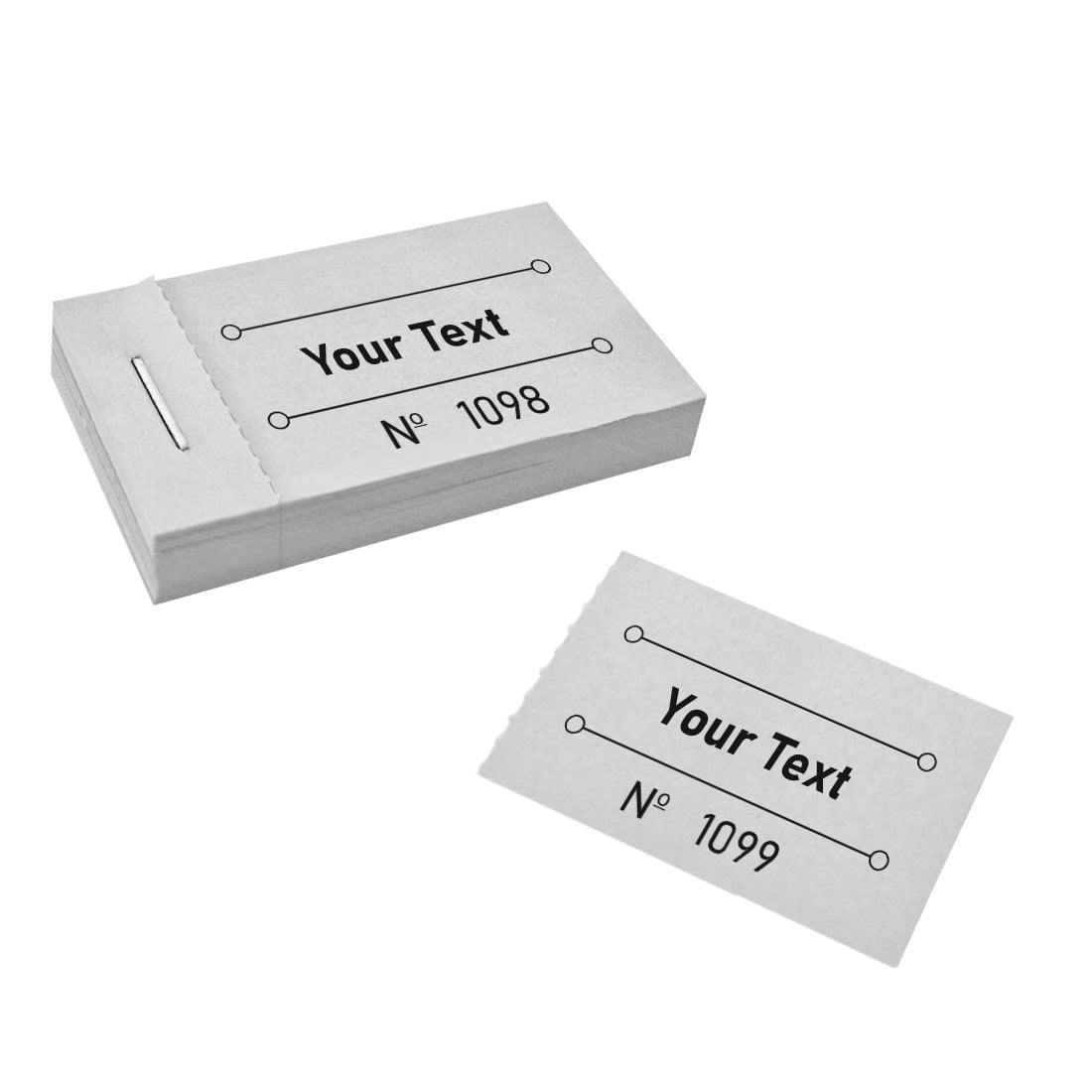 Front View Of A Light Grey Ticket Booklet That Is Custom Printed With Text And Sequential Numbering. One Ticket Has Been Torn Off.