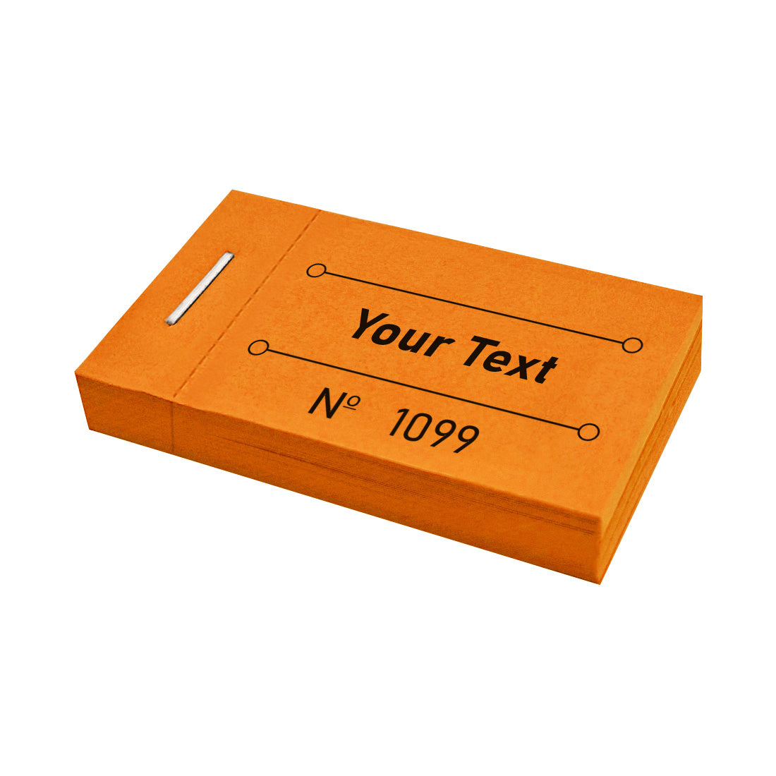 Custom Printed Ticket Books Orange With Your Text and Sequential Numbering Front Side View