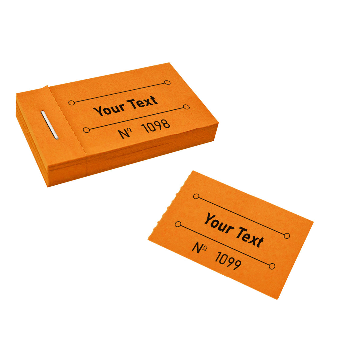 Front View Of A Orange Ticket Booklet That Is Custom Printed With Text And Sequential Numbering. One Ticket Has Been Torn Off.