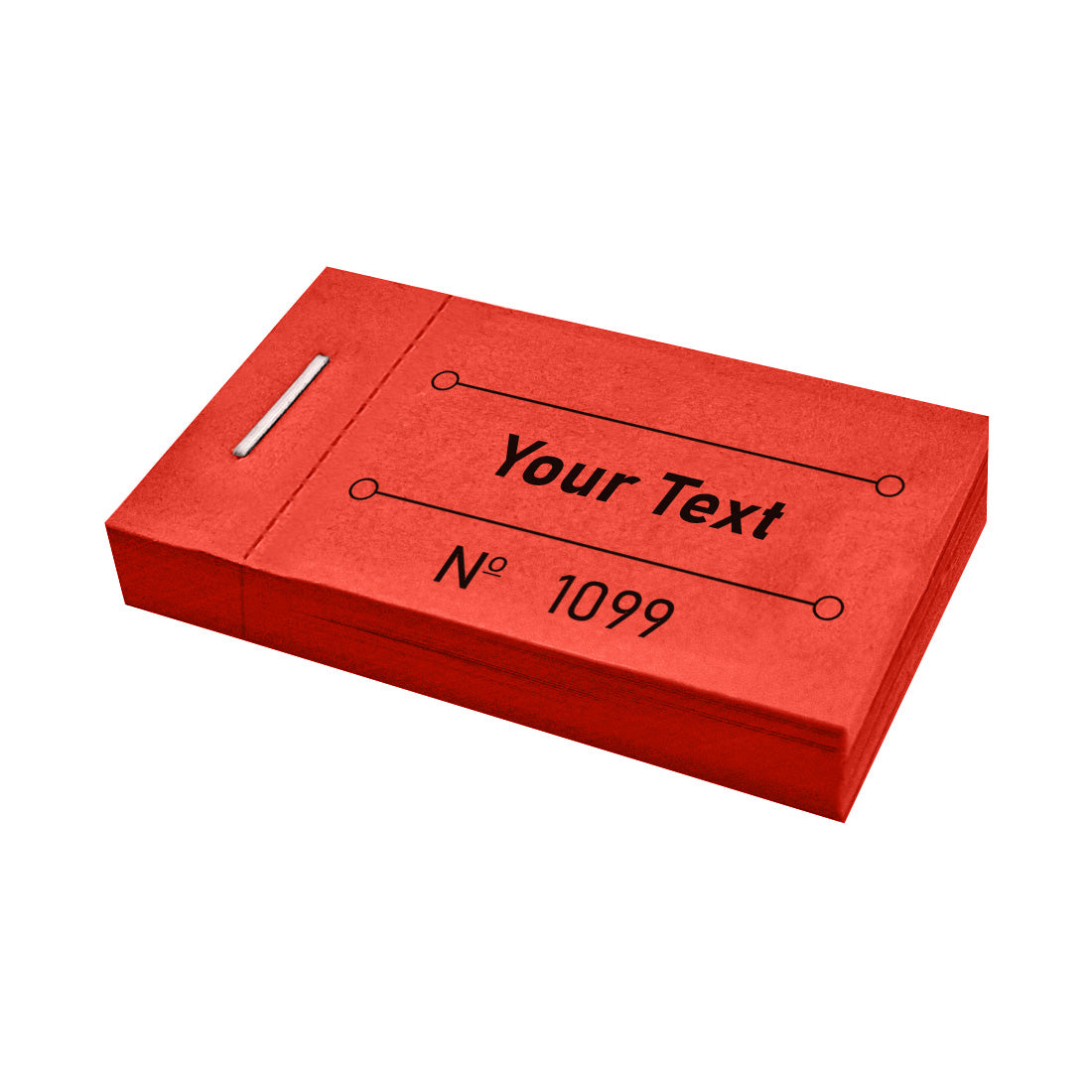 Custom Printed Ticket Books Red With Your Text and Sequential Numbering Front Side View