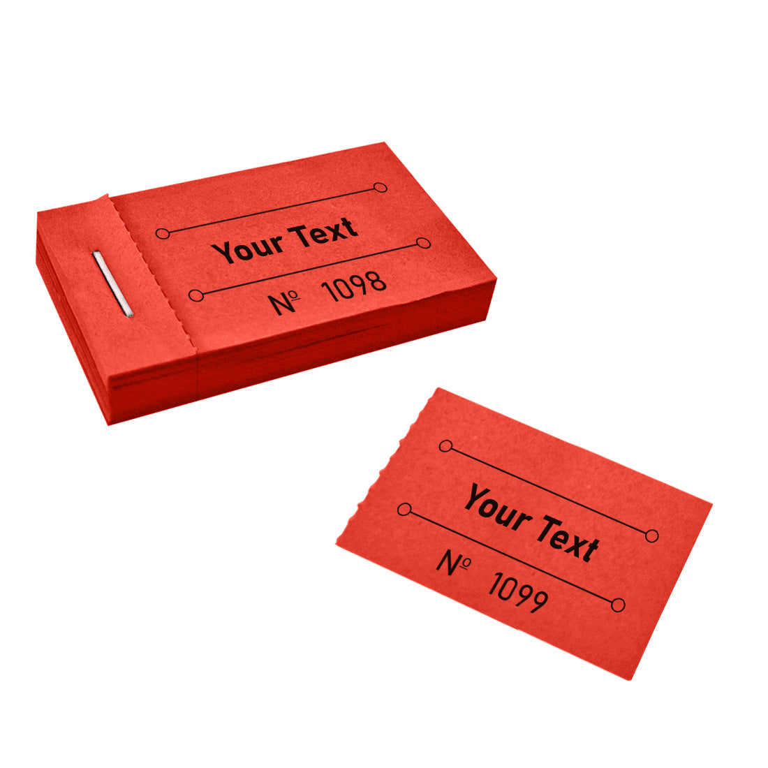 Front View Of A Red Ticket Booklet That Is Custom Printed With Text And Sequential Numbering. One Ticket Has Been Torn Off.