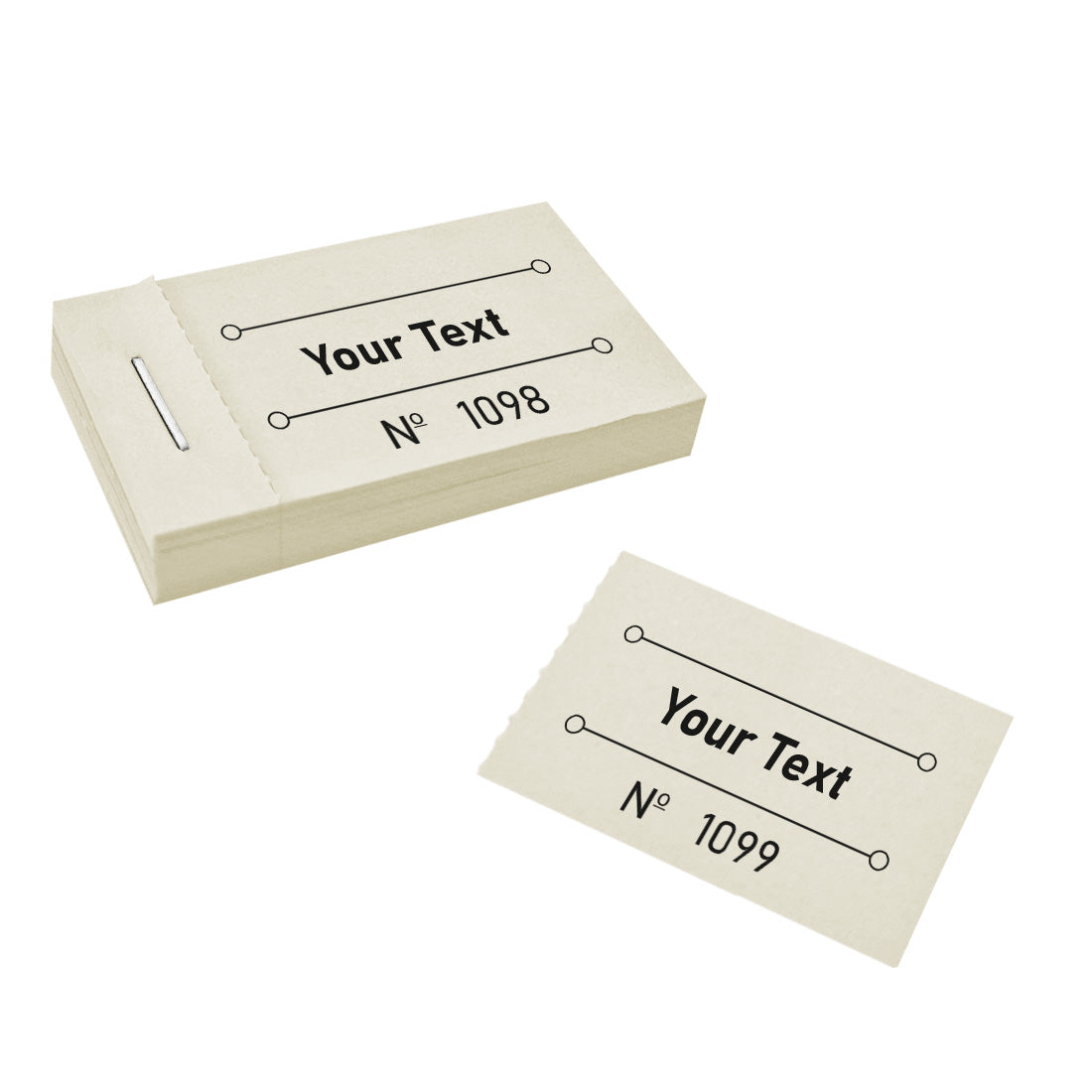 Front View Of A Pastel Yellow Ticket Booklet That Is Custom Printed With Text And Sequential Numbering. One Ticket Has Been Torn Off.
