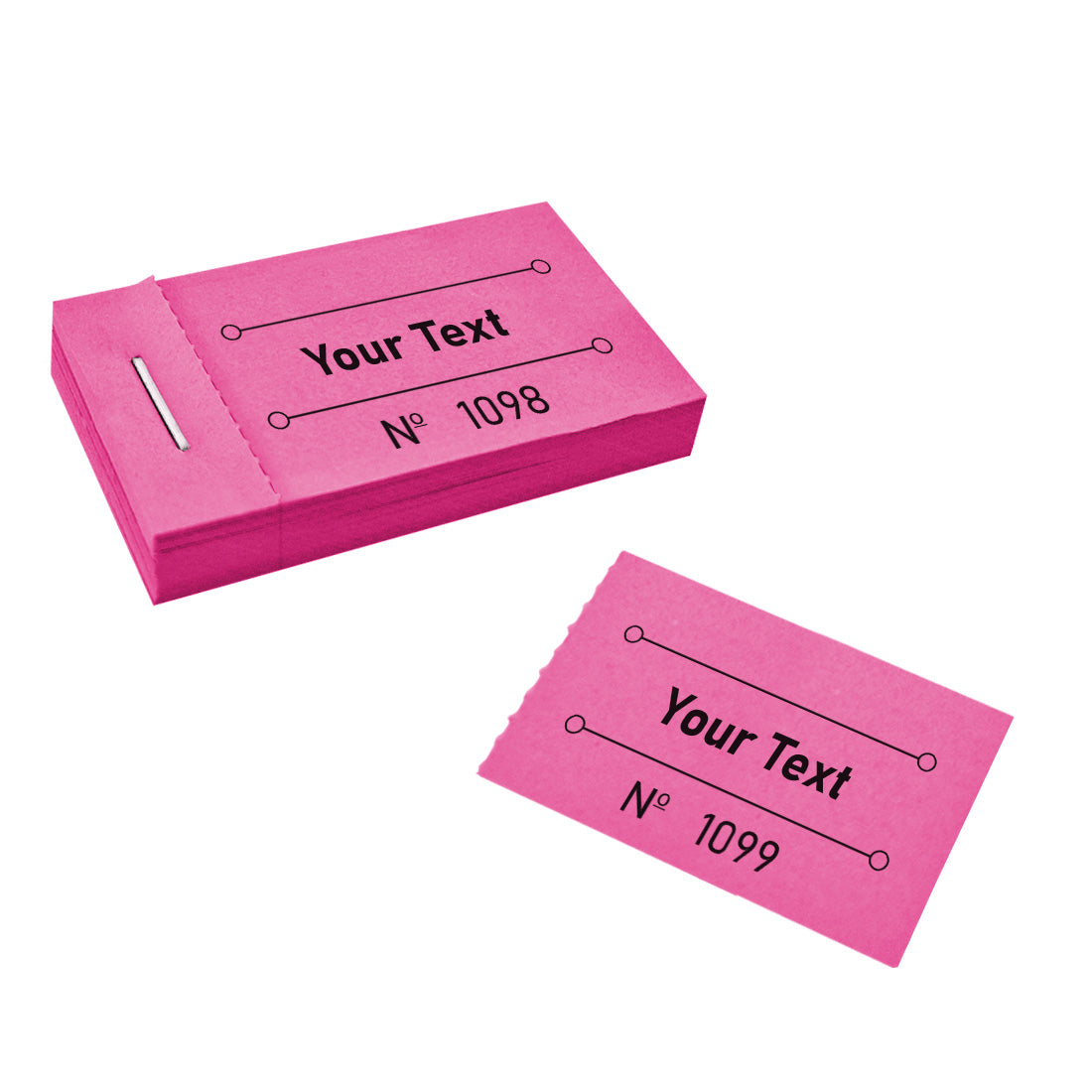 Front View Of A Pink Ticket Booklet That Is Custom Printed With Text And Sequential Numbering. One Ticket Has Been Torn Off.