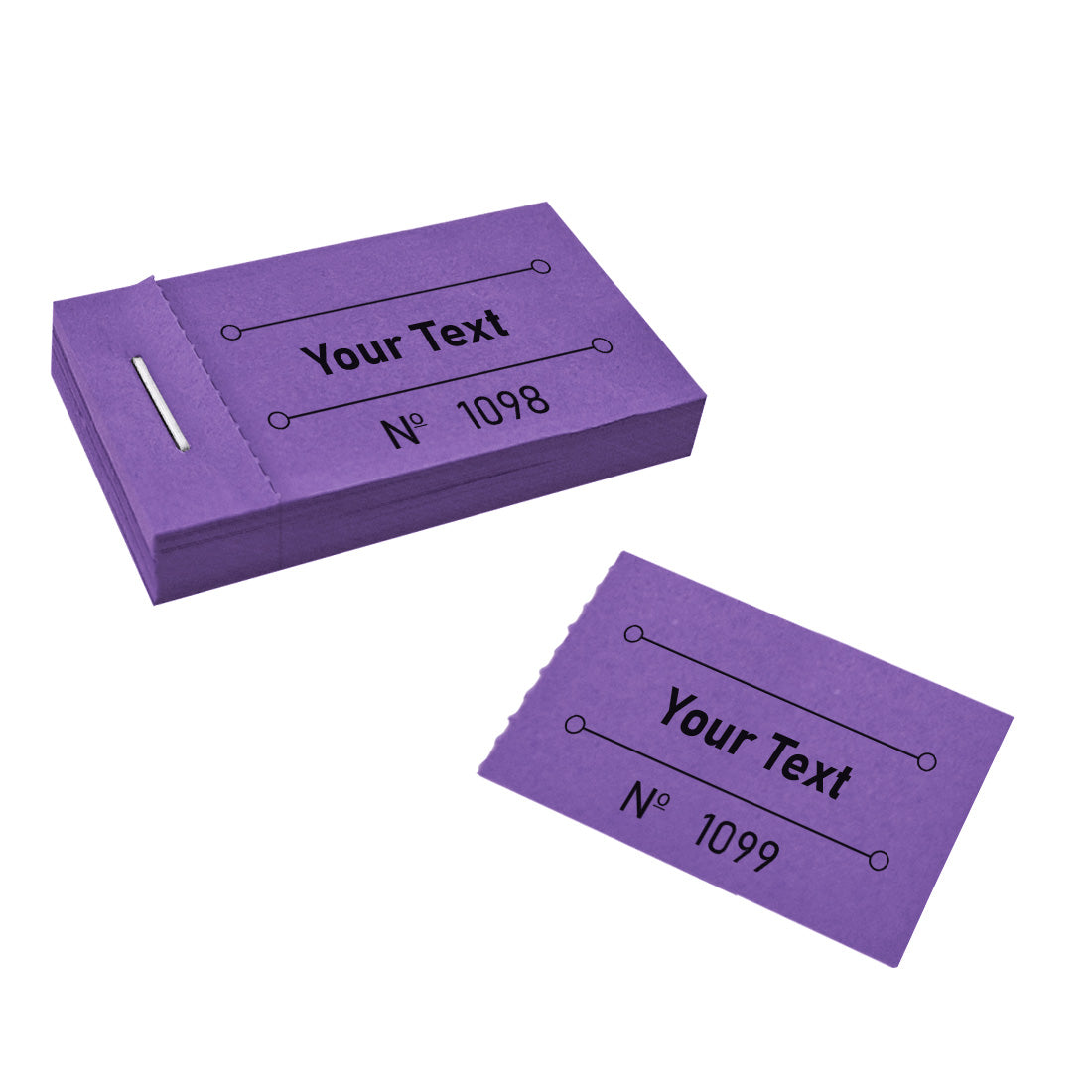 Front View Of A Purple Ticket Booklet That Is Custom Printed With Text And Sequential Numbering. One Ticket Has Been Torn Off.