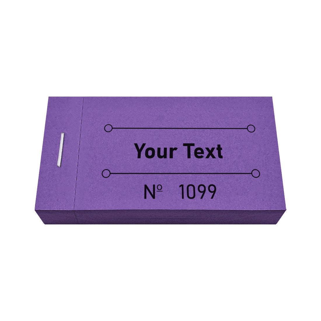 Custom Printed Ticket Booklet With Your Text and Sequential Numbering Purple Front View