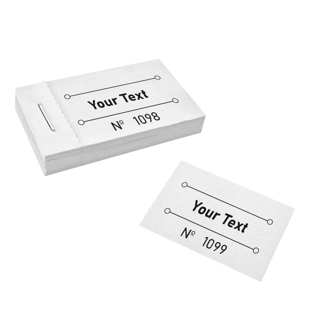 Front View Of A White Ticket Booklet That Is Custom Printed With Text And Sequential Numbering. One Ticket Has Been Torn Off.