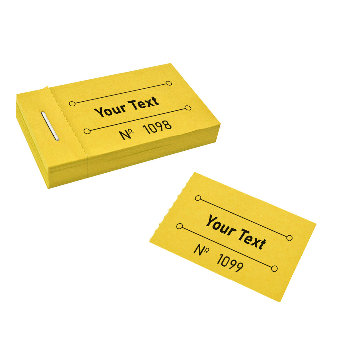 Front View Of A Yellow Ticket Booklet That Is Custom Printed With Text And Sequential Numbering. One Ticket Has Been Torn Off.