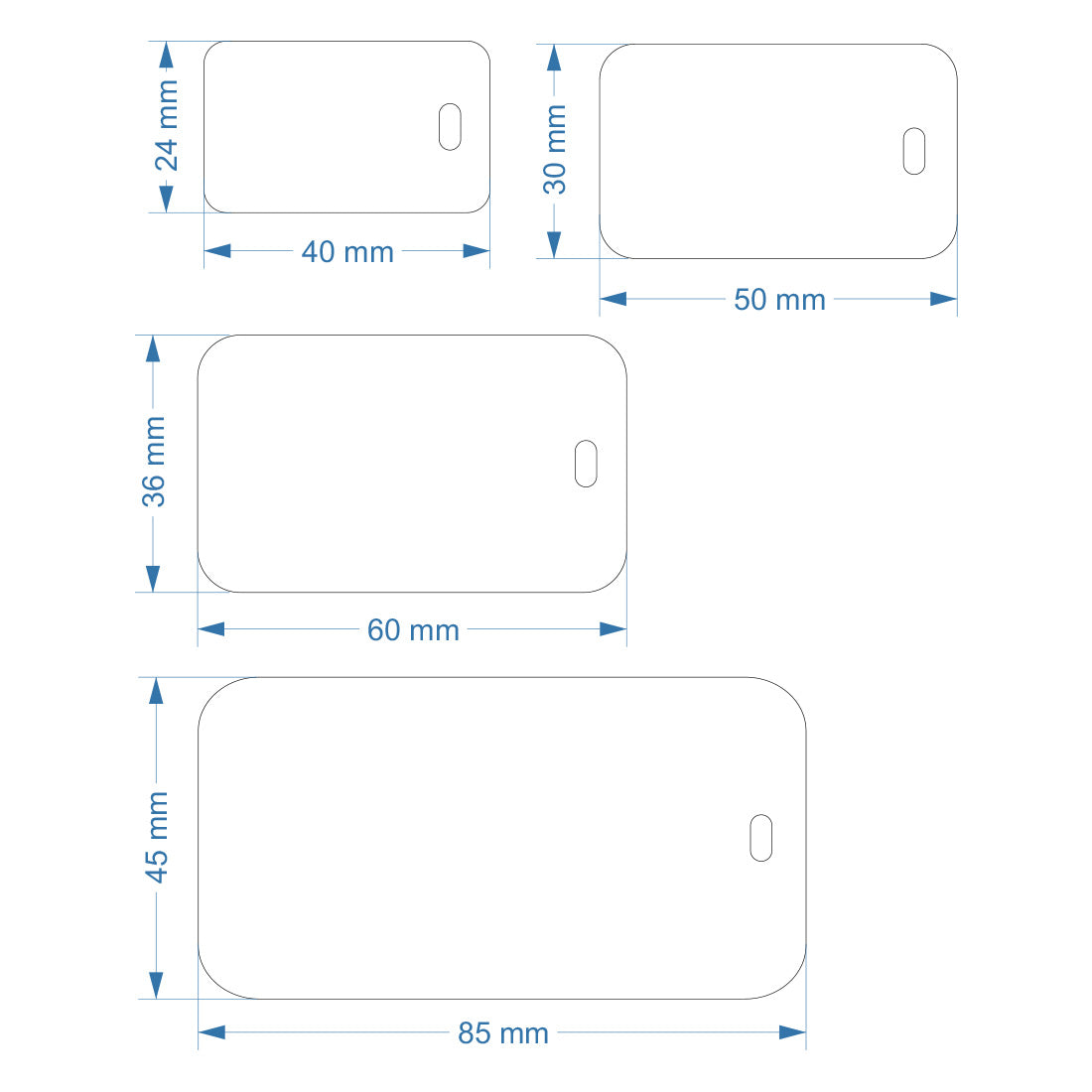 Dimensions Card Rounded Rectangle Acrylic Tags With One Slotted Hole Right Horizontal