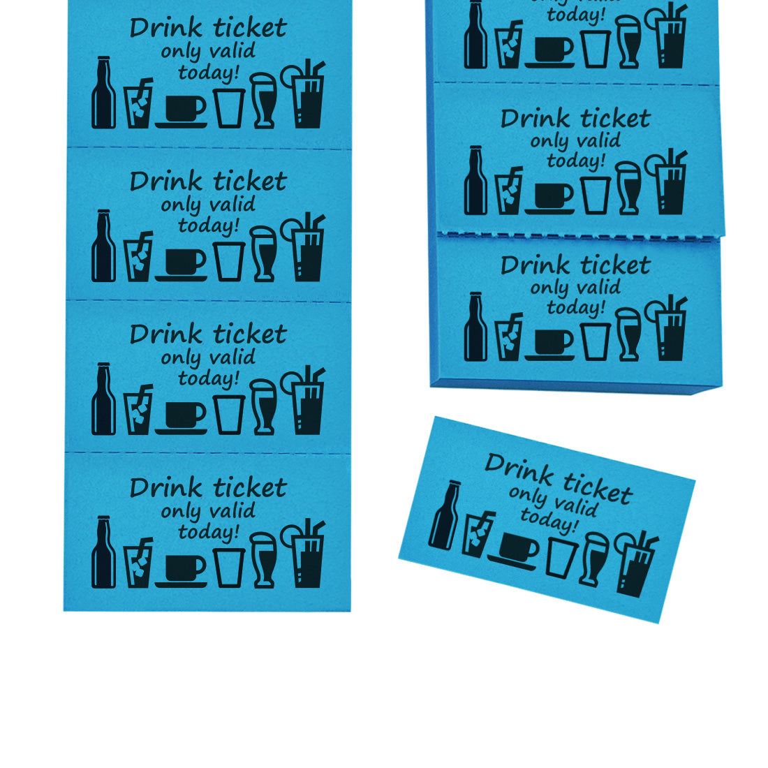 Drink Tickets With Icons Of Drinks and The text "Drink Tickets Only Valid Today". Perforated Tickets.