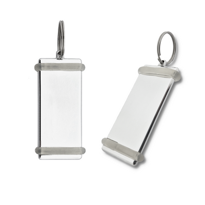 Two Silver Rectangle Hotel Key Tag With A Shine Finish, two transparent rubber rings and a silver splitring.
