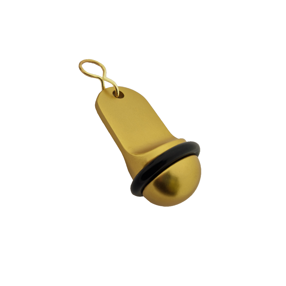 Gold Aluminium Hotel Key Tags Medium Size 70x30mm With Gold S-hook Fastener and Black Rubber Ring Side View.