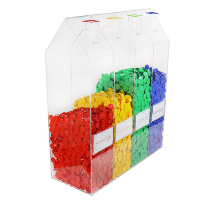 House Shaped Token Collector With Four Houses Filled with Red, Yellow, Green and Blue Tokens Side View