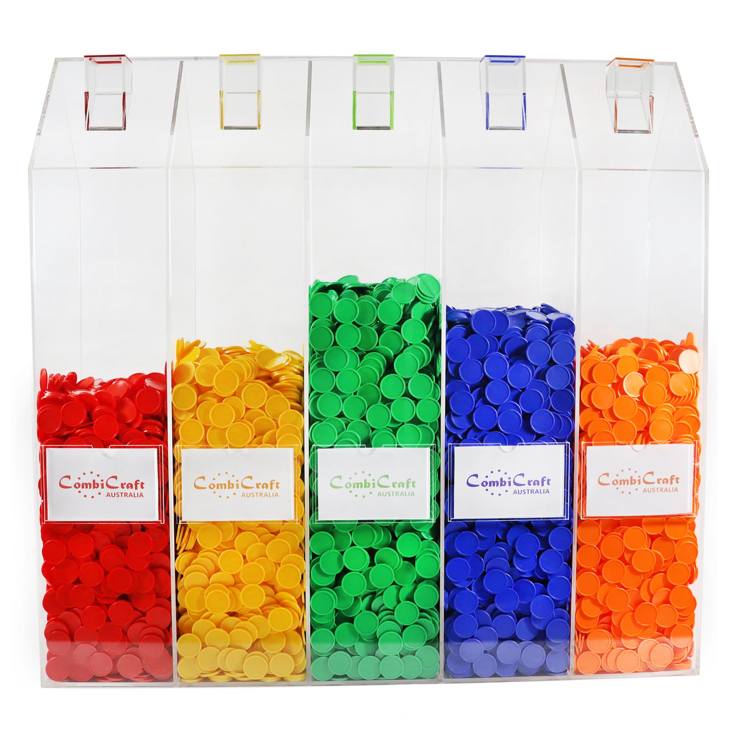 Five House Token Collector Filled With Tokens in Red, Yellow, Green, Blue and Orange Colours