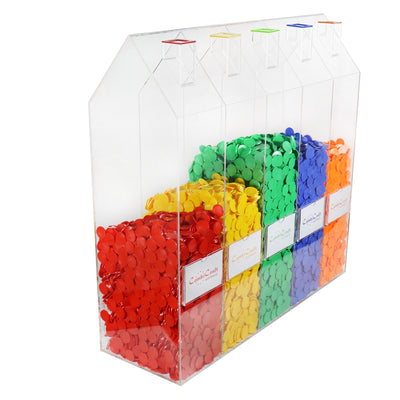 Five House Token Collector Filled With Tokens in Red, Yellow, Green, Blue and Orange Colours Side View