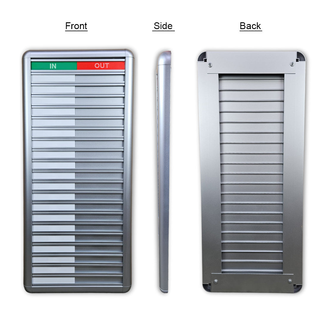 The image displays the front, side, and back views of a 20-name sliding in/out office board. The front view showcases the board's layout with 20 name slots, each featuring sliders that can be moved to indicate 'In' (green) or 'Out' (red) status. The side view reveals the board's slim profile and durable aluminium frame, measuring 25.7x58 cm. The back view highlights the secure wall-mounting bracket, designed for straightforward installation .