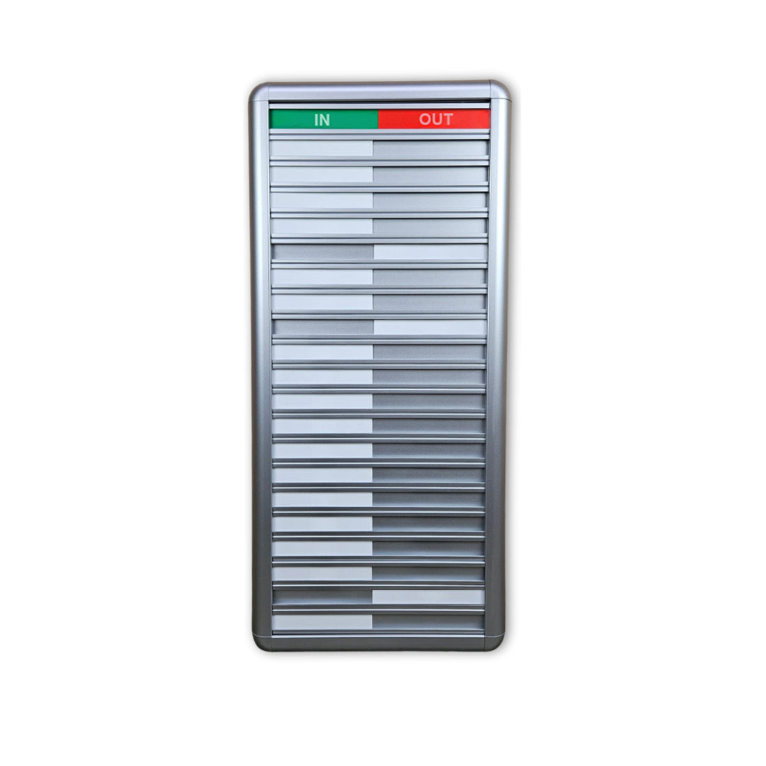 Image of a 20-name sliding in/out board tracking employee attendance, with some name sliders positioned to the left indicating 'In' status, and others to the right indicating 'Out' status.