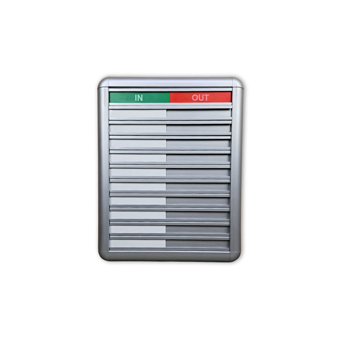In/Out board with 10 name sliders. 'In' (green) and 'Out' (red) indicators are at the top. Name slots are listed below and are all place on the left side of the sign in this image.