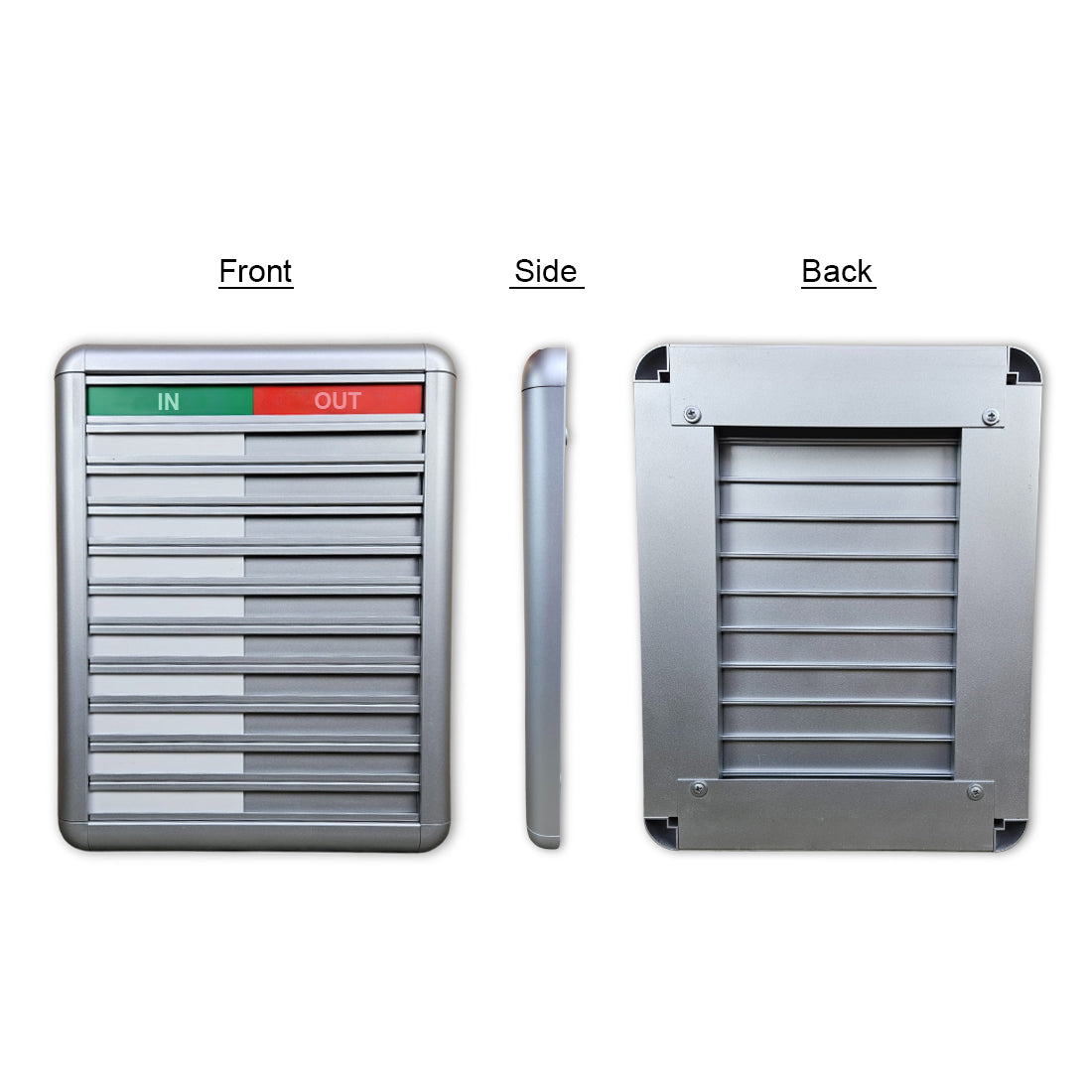 Front, Back, and Side Views of 10-Name Employee In/Out Board Showing Full Frame and Construction Detail