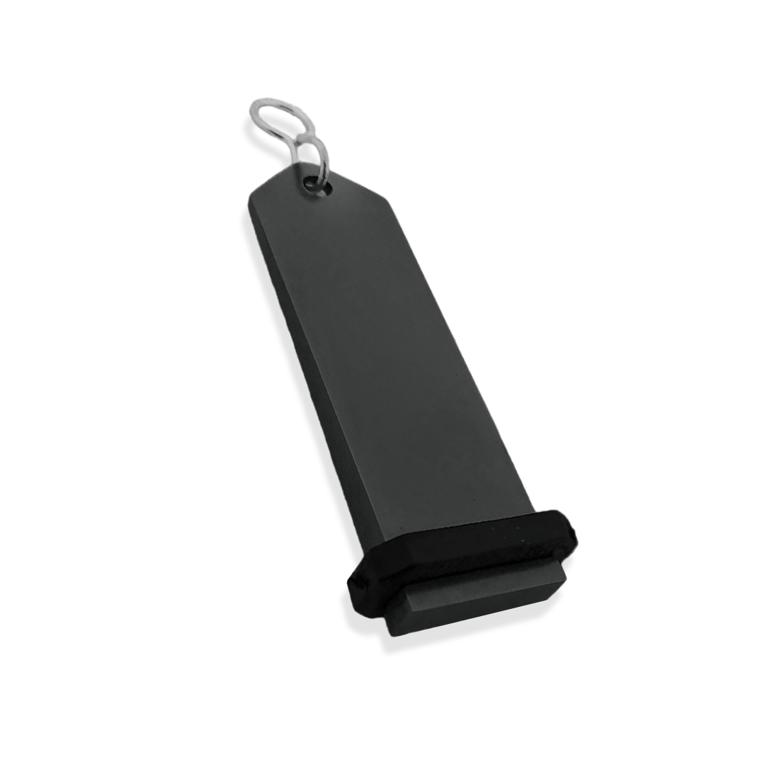 Large Black Aluminium Key Tag Rectangle 100x30mm With A silver S-hook Fastener and Black Rubber Ring Side View