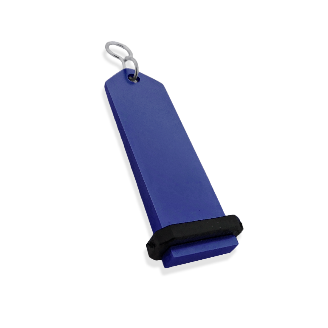 Large Blue Aluminium Key Tag Rectangle 100x30mm With A silver S-hook Fastener and Black Rubber Ring Side View