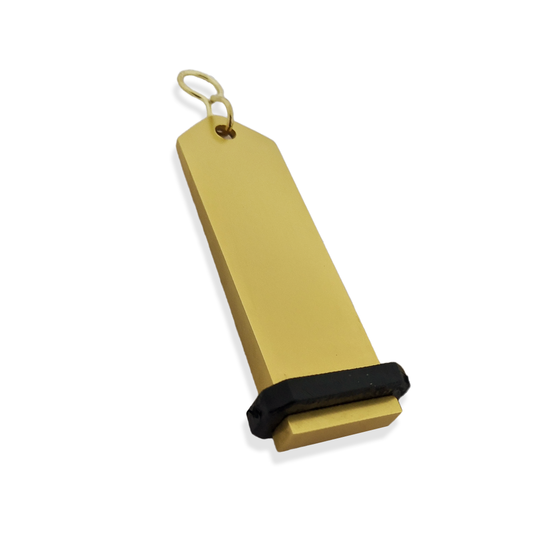 Large Gold Aluminium Key Tag Rectangle 100x30mm With A silver S-hook Fastener and Black Rubber Ring Side View