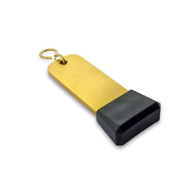 Large Gold Aluminium Key Tag With Tapered Black Rubber Cap and Gold S-hook Fastener Model: 'Dauphine' 105x30mm Flatlay View Bottom View
