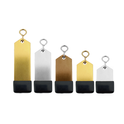 Collection image of metal hotel key tags in all 5 sizes rectangular in gold, silver and bronze aluminium with s-hook fastener and black rubber cap.