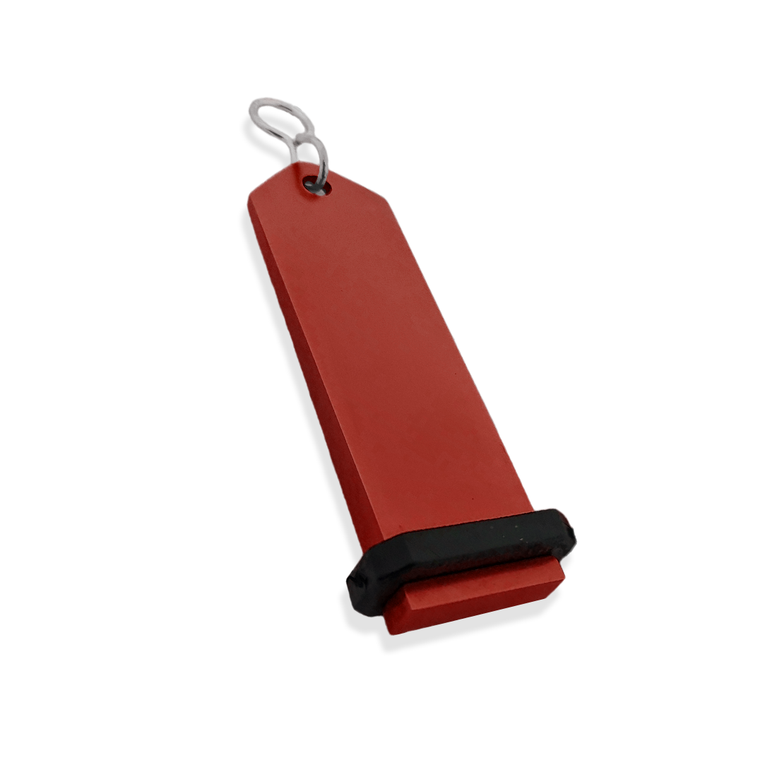 Large Red Aluminium Key Tag Rectangle 100x30mm With A silver S-hook Fastener and Black Rubber Ring Side View
