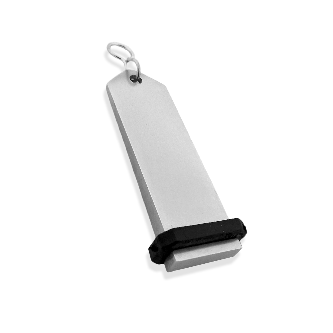 Large Silver Aluminium Key Tag Rectangle 100x30mm With A silver S-hook Fastener and Black Rubber Ring Side View