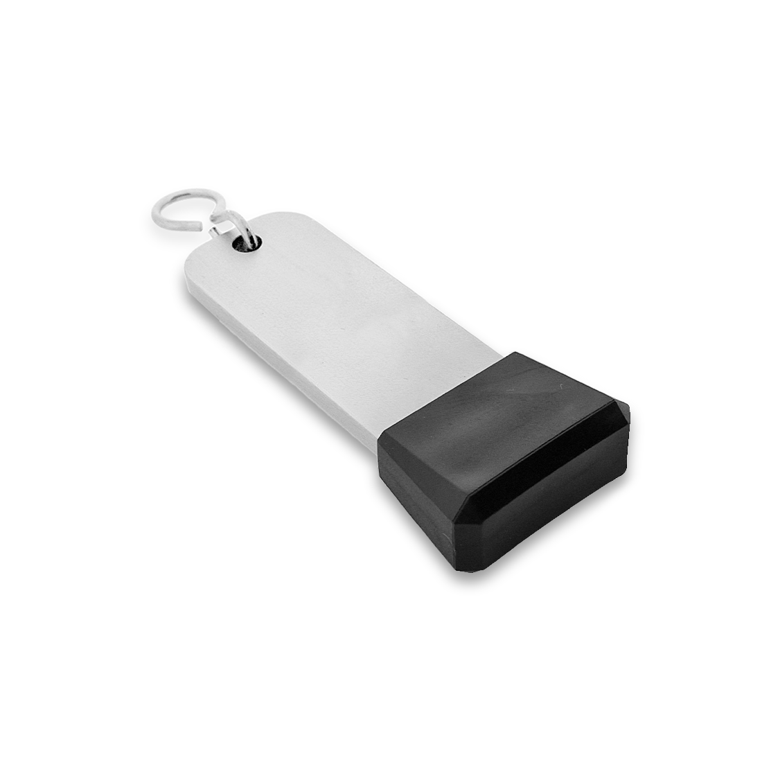 Large Silver Aluminium Key Tag With Tapered Black Rubber Cap and Silver S-hook Fastener Model: 'Dauphine' 105x30mm Flatlay Bottom View
