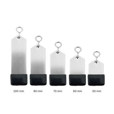 Silver aluminium metal hotel key tags in all 5 sizes, rectangular with s-hook fastener and black rubber cap.