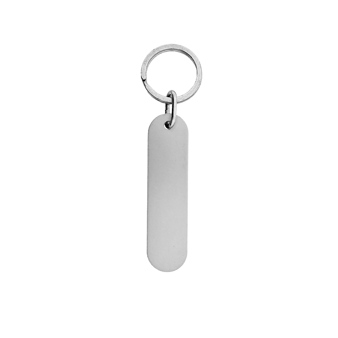 Long Oval Silver Aluminium Key Tag With Matching Silver Split Key Ring Model Vicky 78x20mm Front View