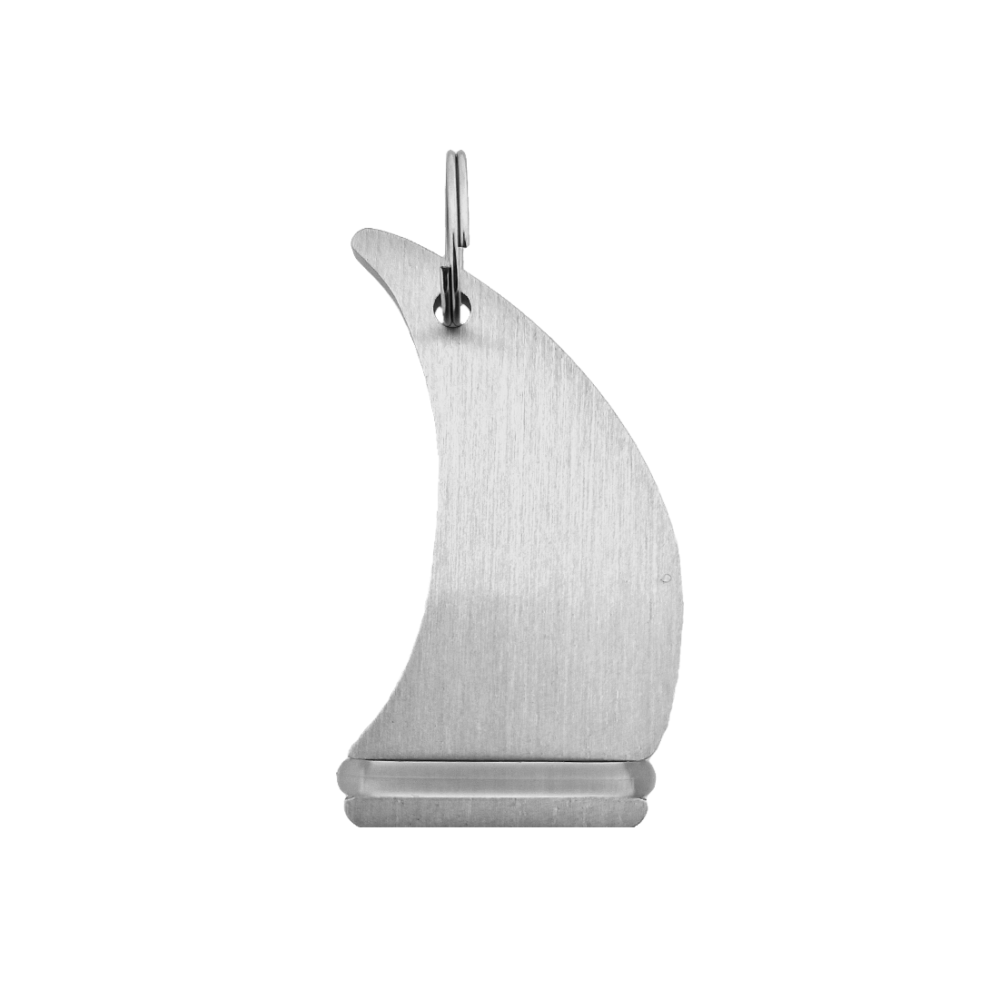 Brushed Silver Sailboat-Shaped Aluminium Hotel Key Tag with Clear Rubber Ring and Silver Keyring Attachment.