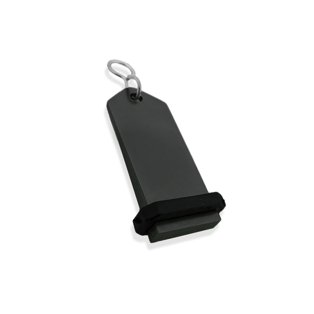 Medium Black Aluminium Key Tag Rectangle 75x30mm With A silver S-hook Fastener and Black Rubber Ring Side View