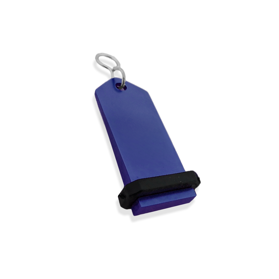 Medium Blue Aluminium Key Tag Rectangle 75x30mm With A silver S-hook Fastener and Black Rubber Ring Side View