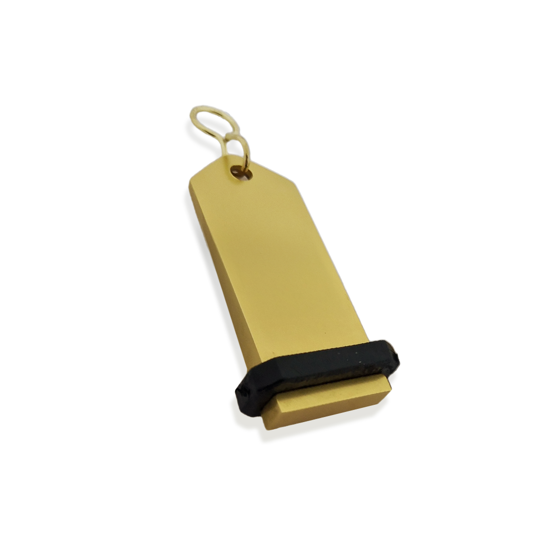 Medium Gold Aluminium Key Tag Rectangle 75x30mm With A silver S-hook Fastener and Black Rubber Ring Side View