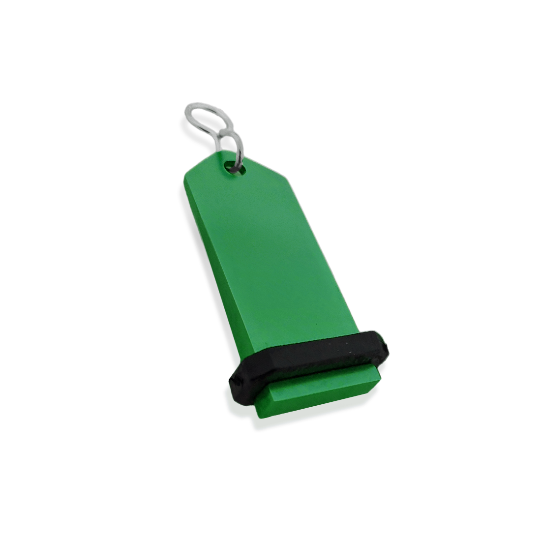 Medium Green Aluminium Key Tag Rectangle 75x30mm With A silver S-hook Fastener and Black Rubber Ring Side View