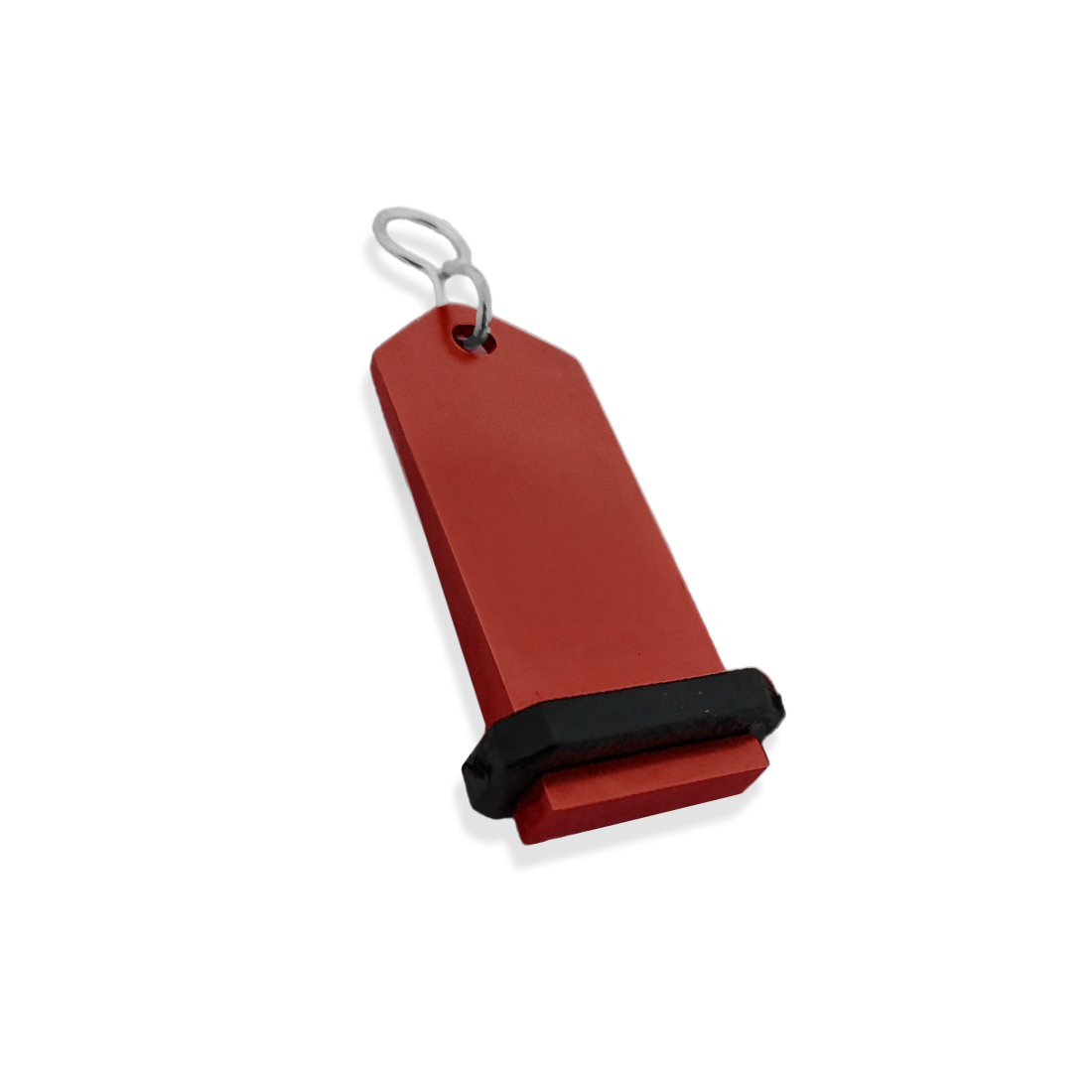 Medium Red Aluminium Key Tag Rectangle 75x30mm With A silver S-hook Fastener and Black Rubber Ring Side View