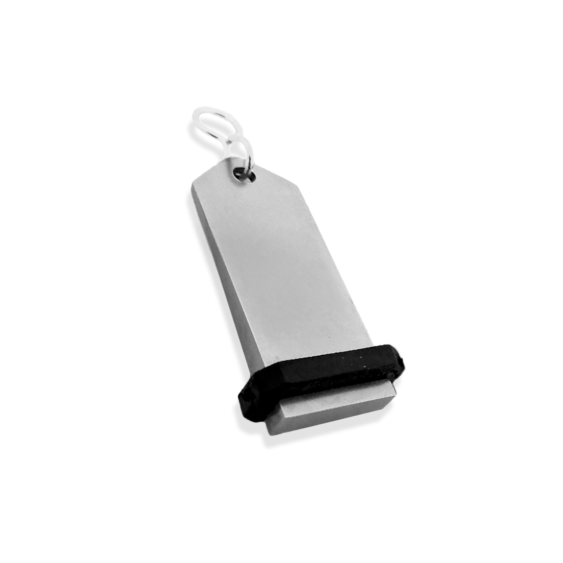 Medium Silver Aluminium Key Tag Rectangle 75x30mm With A silver S-hook Fastener and Black Rubber Ring Side View