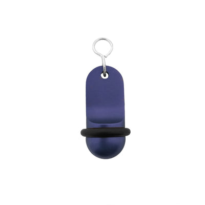 Blue small retro aluminium motel key tag 60x25mm with a silver S-hook fastener and black rubber ring.